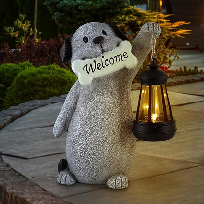 Olekki Solar Dog Garden Statue with Lantern Light – 9.2in Outdoor Dog Figurine for Yard Patio Garden Decor, Cute Memorial Gift for Women Mom