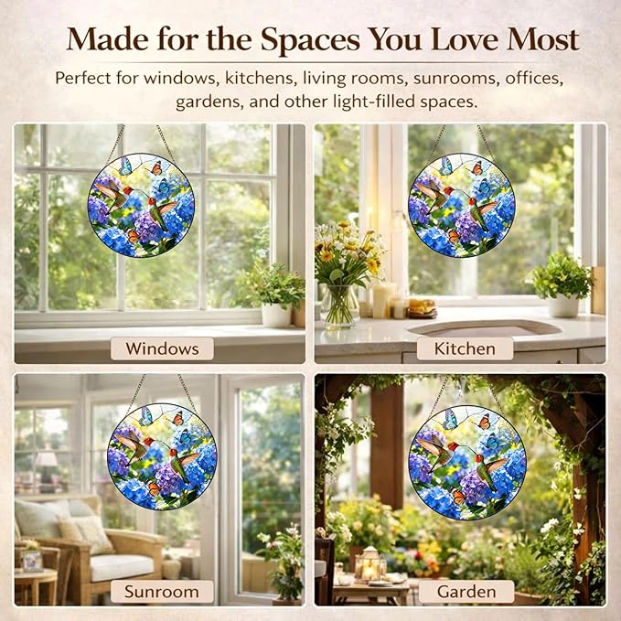 Hummingbird Stained Glass Suncatcher Window Hanging, 7.8" Flower Bird Sun Catcher, for Mom Grandma Family and Friends, Home Decor for Window, Kitchen, Sunroom and Garden