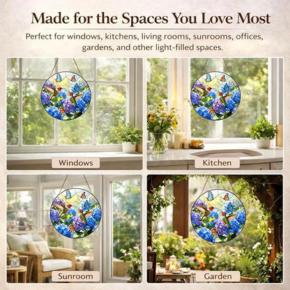 Hummingbird Stained Glass Suncatcher Window Hanging, 7.8" Flower Bird Sun Catcher, for Mom Grandma Family and Friends, Home Decor for Window, Kitchen, Sunroom and Garden