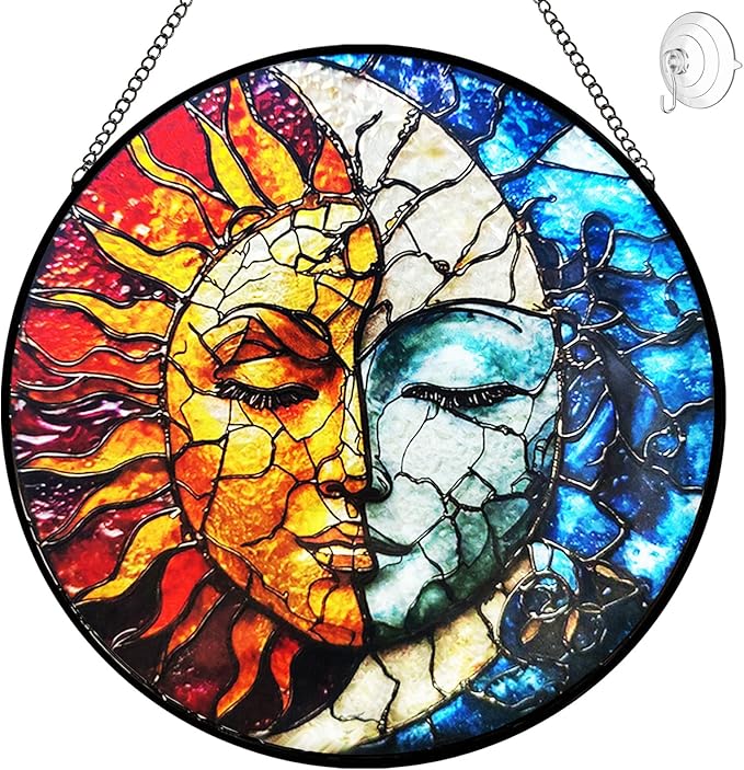 Sun and Moon Suncatcher Stained Glass Window Hanging - 8” Handmade Celestial Decor Suncatchers for Windows Hanging - Sun Catchers Indoor Window Wall Home Garden Decor Mothers Day for Mom Grandma Gift
