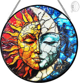 Sun and Moon Suncatcher Stained Glass Window Hanging - 8” Handmade Celestial Decor Suncatchers for Windows Hanging - Sun Catchers Indoor Window Wall Home Garden Decor Mothers Day for Mom Grandma Gift