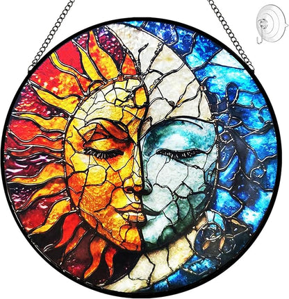 Sun and Moon Suncatcher Stained Glass Window Hanging - 8” Handmade Celestial Decor Suncatchers for Windows Hanging - Sun Catchers Indoor Window Wall Home Garden Decor Mothers Day for Mom Grandma Gift
