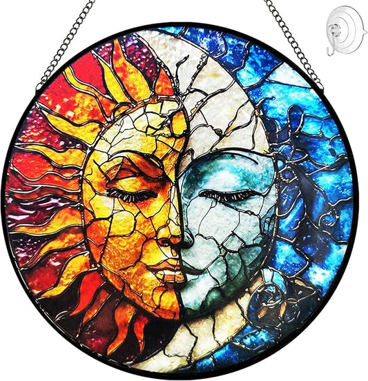 Sun and Moon Suncatcher Stained Glass Window Hanging - 8” Handmade Celestial Decor Suncatchers for Windows Hanging - Sun Catchers Indoor Window Wall Home Garden Decor Mothers Day for Mom Grandma Gift