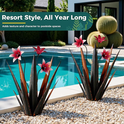 2 Pack Metal Agave Plant Sculptures, Outdoor Agave Plants, Tequila Rustic Sculpture, 16” Hand Painted Garden Decoration Yard Art Plant