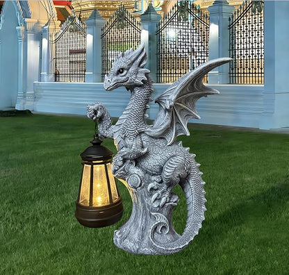 JORAE Dragon Statue with Solar Lantern Outdoor Figurine Gothic Garden Decor for Patio Balcony Lawn Yard Sculpture Resin, 9.5" H