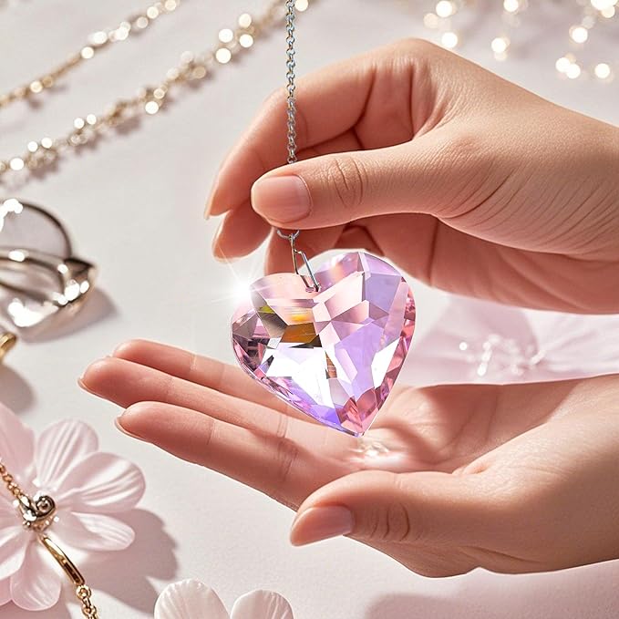 H&D HYALINE & DORA Pink Heart Crystals Suncatcher Hanging Heart Sun Catcher with Chain Pendant Ornament for Window Home Garden Christmas Tree Party Wedding Decor(3 Pack)
