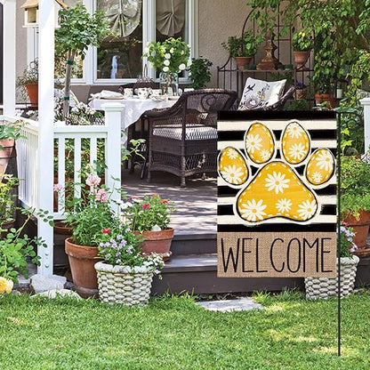 AVOIN colorlife Yellow Paw Print Spring Garden Flag 12x18 Inch Double Sided Outside, Daisy Floral Welcome Stripes Yard Outdoor Flag