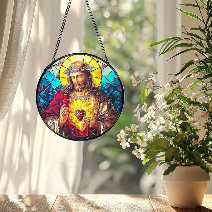 Easter Sacred Heart of Jesus Christian Gigts Suncatcher Stained Glass Window Hanging, Religious Sun Catchers Indoor Window Glass Wall Art Decor, Christian Wall Hanging Decor, 7.9x7.9 Inch