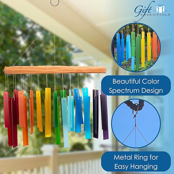 Blue Handworks Color Spectrum Glass and Driftwood Chime - Sandblasted Glass and Found Wood Hand Crafted Wind Chime