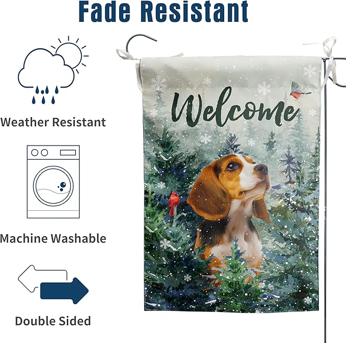 Welcome Winter Garden Flags Beagle Garden Flag Cardinal Birds on Snowy Pine Tree Flag Dog Yard Flags for Outside 12x18 Double Sided Christmas Decorative