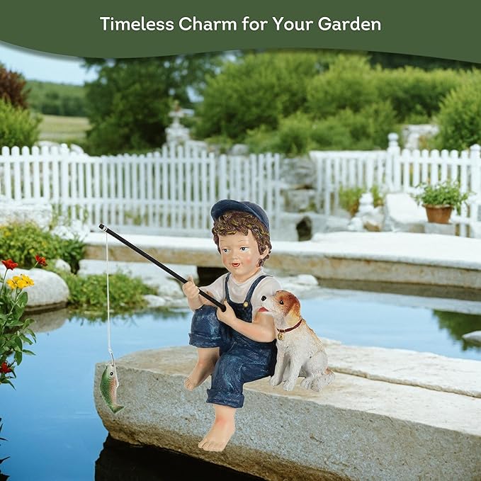 Lily's Home 10-Inch Fishing Boy and Dog Statue - Resin Garden Decor for Outside - Outdoor and Garden Decorations - Cottage Style Garden Statues Yard Art