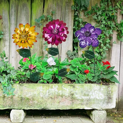 Flower Garden Stake Metal Outdoor Flower Garden Decor for Outside Yard Art Glow in Dark Yard Lawn Ornaments Decor,Set of 3,Colorful Flower