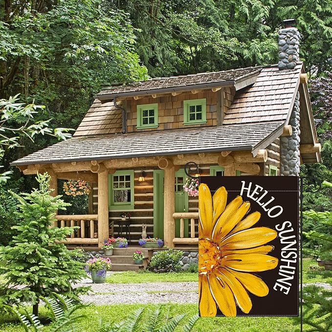 AVOIN colorlife Hello Sunshine Garden Flag 12x18 Inch Double Sided Outside, Summer Spring Floral Yellow Daisy Yard Outdoor Flag Black