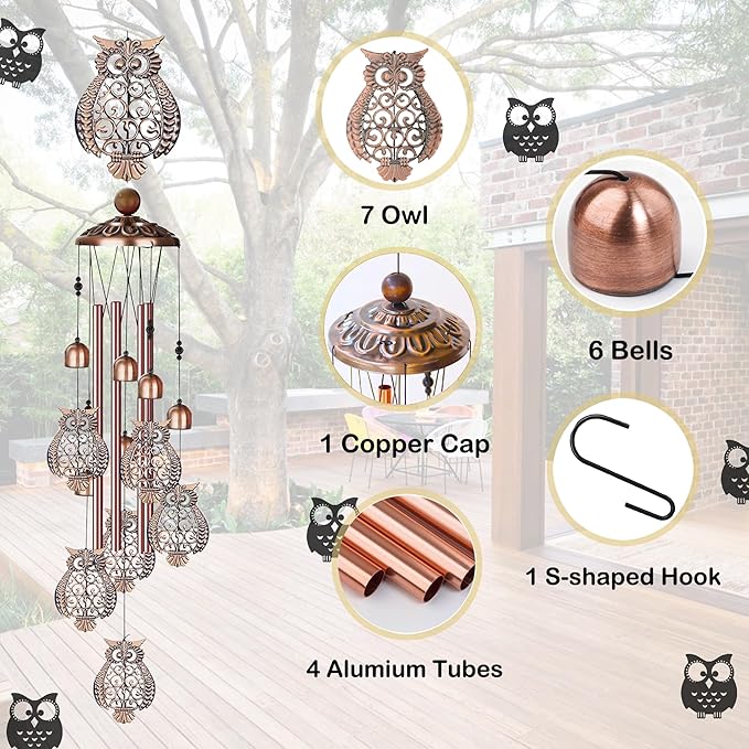 Wind Chimes for Outside- Owl，Owl Gifts for Women Men，Metal Wind Chimes Memorial for Outside/Indoors, Lawn, Patio, Home, Porch, Yard Decor, Garden Decorations