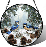 Stained Glass Window Hanging - Blue Bird Winter Forest Landscape Suncatcher for Door Garden Yard Sun Catchers Decor Christmas Mother's Day Birthday Gifts for Women Mom Nana Friend 6.3 in