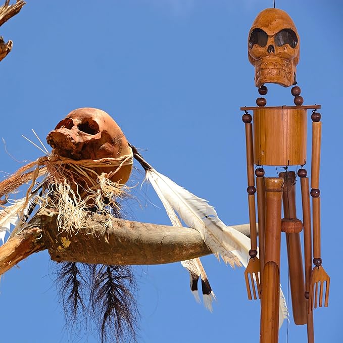 Bellaa 24773 Handmade Bamboo Skull Wind Chimes - 36 Inch Outdoor Garden Decor, Gothic Halloween Skeleton Design from Bali Indonesia, Weather Resistant Patio Yard Art