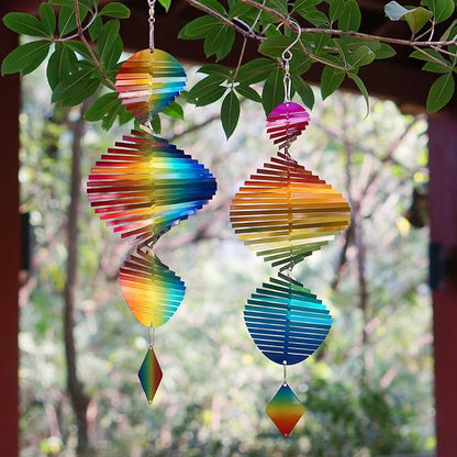 2pcs in Set Gradient Rainbow Helix Metal Wind Spinners for Yard and Garden,12 Inch 3D Stainless Steel Hanging Kinetic Yard Art Wind Sculpture Decor Outdoor Indoor (Warm Pattern)