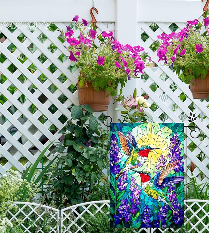 Spring Summer Hummingbird Garden Flag Double Sided 12x18 Inch, Stained Glass Hummingbird Purple Flowers Yard Flag Seasonal Farmhouse Outside Outdoor Decoration