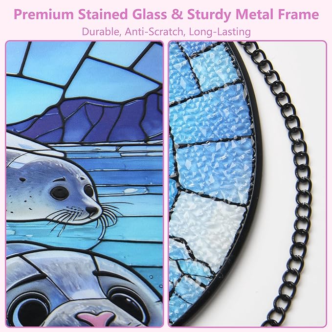 Stained Glass Window Hanging, Seal Circular Painted Glass Suncatcher with Chain & Suction Cup for Home Garden Door Decor, Birthday for Women Men Mom 7.8 in