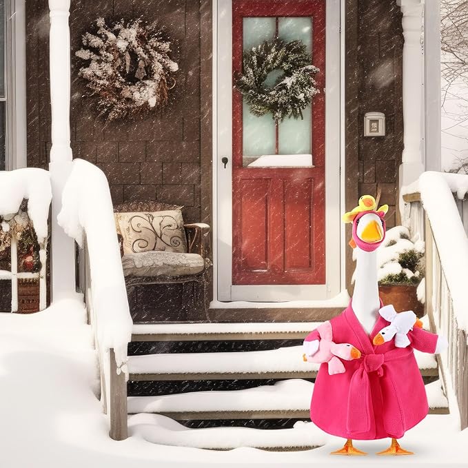 Shyyween Mommy and Baby Porch Goose Outfit for 23'' Cement Statue Silly Geese Clothes Hot Pink Bathrobe with Baby Geese for Outdoor Garden Yard Lawn Patio Duck Decoration