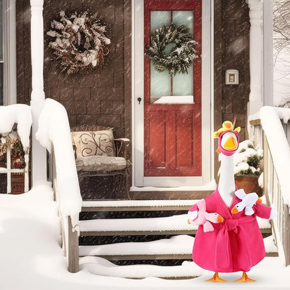 Shyyween Mommy and Baby Porch Goose Outfit for 23'' Cement Statue Silly Geese Clothes Hot Pink Bathrobe with Baby Geese for Outdoor Garden Yard Lawn Patio Duck Decoration