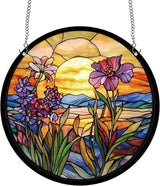 CREATCABIN Flower Window Suncatchers Acrylic Stain Glass Window Hanging 9.8 Inch Round Wildflowers Sun Catcher Panels with Metal Chain for Indoor Outdoor Home Garden Ornaments Christmas Decor