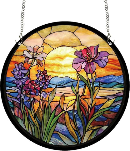 CREATCABIN Flower Window Suncatchers Acrylic Stain Glass Window Hanging 9.8 Inch Round Wildflowers Sun Catcher Panels with Metal Chain for Indoor Outdoor Home Garden Ornaments Christmas Decor