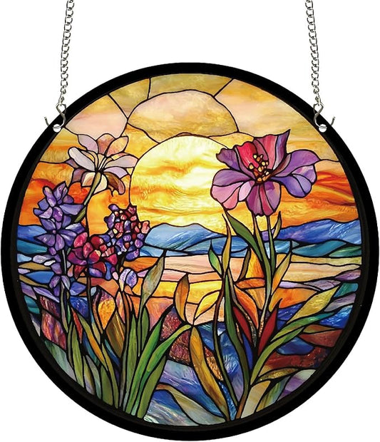 CREATCABIN Flower Window Suncatchers Acrylic Stain Glass Window Hanging 9.8 Inch Round Wildflowers Sun Catcher Panels with Metal Chain for Indoor Outdoor Home Garden Ornaments Christmas Decor