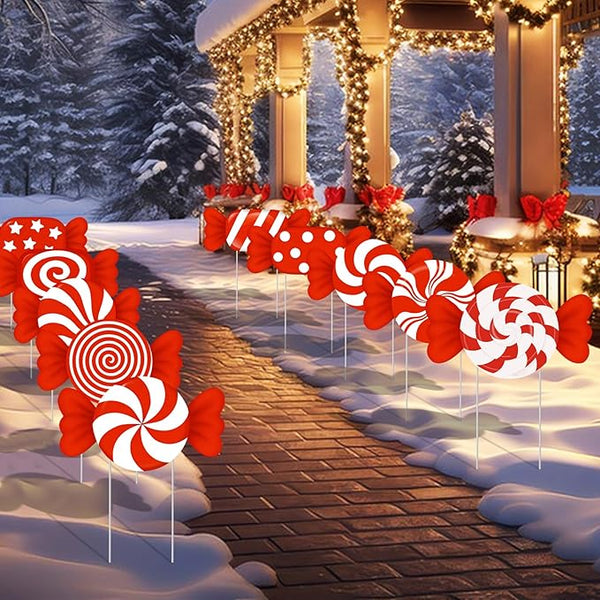 10-Piece Christmas Candy Yard Signs with Stakes Decorations – 10 Assorted Designs 14 Inches Large Peppermint and Lollipop Signs for Outdoor Garden and Lawn Holiday Party Favor