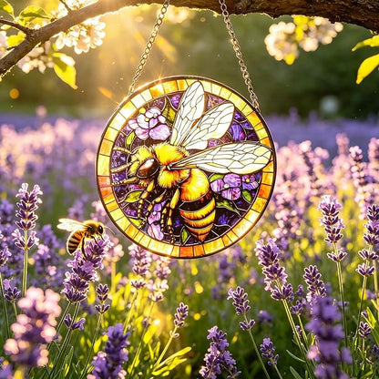 Handcrafted Bee Stained Glass Suncatcher - 7.8 Inch Window Hanging for Home, Kitchen, Porch, Terrace, Garden & Farmhouse - Perfect Mother's Day, Easter & Birthday Gift for Mom & Teachers