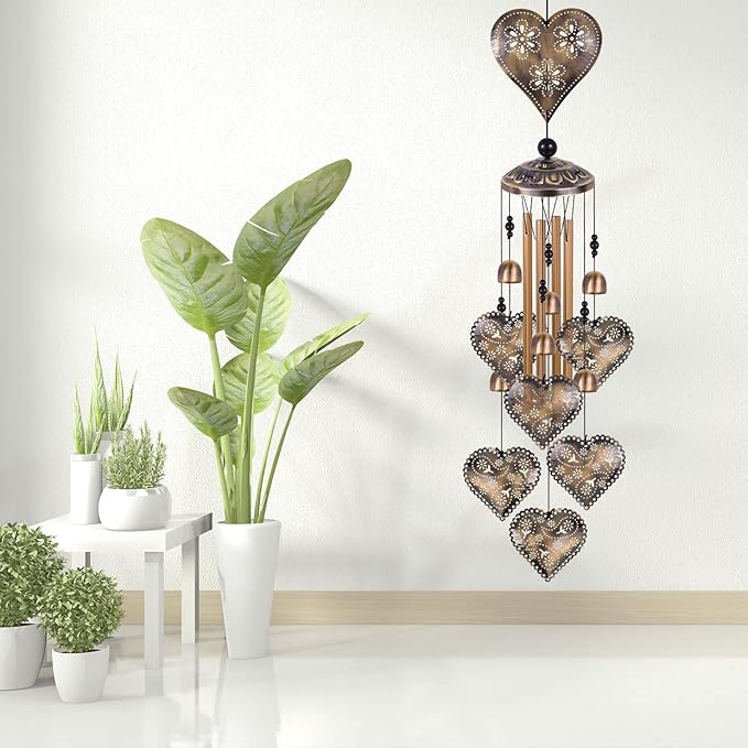 Heart Shape Wind Chimes for Garden, Gifts for Mom, Home, Balconies, Rooms, Patio, Indoor, Outdoor Heart Decoration, Hearts Shape Wind Catcher, Bronze Memorial Wind Bells, Hearts Wind Chimes Decor