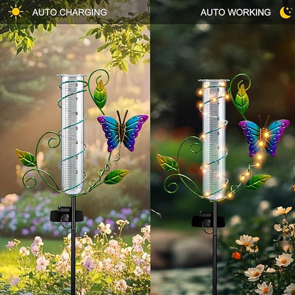 Butterfly Rain Gauge Outdoor - Wireless Solar Rain Gauges with 8" Capacity Glass Replacement Tube Best Rated Metal Decorative Garden Stakes with LED Lights for Yard Lawn Patio Art Decor