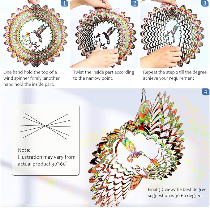 Aoedelyart Hummingbird Wind Spinner for Yard and Garden,12in 3D Wind Spinner Hummingbird Gift for Women/Mother/Father/Men,Hanging Bird Wind Catchers Kinetic Yard Art Ornaments Outdoor Wind Sculptures