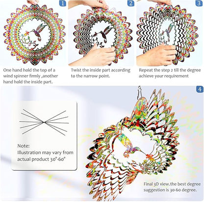 Aoedelyart Hummingbird Wind Spinner for Yard and Garden,12in 3D Wind Spinner Hummingbird Gift for Women/Mother/Father/Men,Hanging Bird Wind Catchers Kinetic Yard Art Ornaments Outdoor Wind Sculptures
