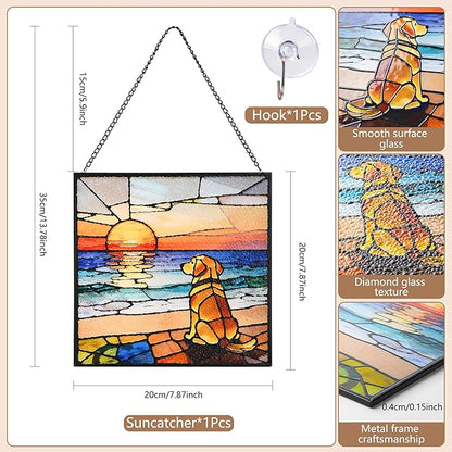Hanging Stained Glass for Window Dog Suncatcher, Sun Catchers for Outdoor Decoration, Golden Retriever Garden Decor, Gifts for Women, Lovers, Couple, Friend, Bestie