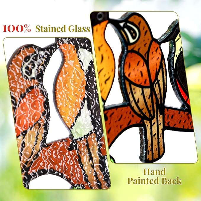 Huray Rayho Stained Glass Sun Catcher Birds On Branch for Indoor Window Hanging, Hand-Painted and Double Side with Gift Packaging, Hummingbird Gifts for Bird Lovers Mom Grandma, Bird Decor Ornament