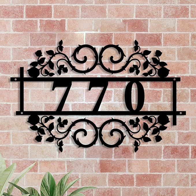 Personalized Gothic House Number metal Signs,Custom Address Number Metal Wall Art Decor,Black Plaques Outdoor wall Decorative Signage,Shed(8-30 Inches) (Rose B)