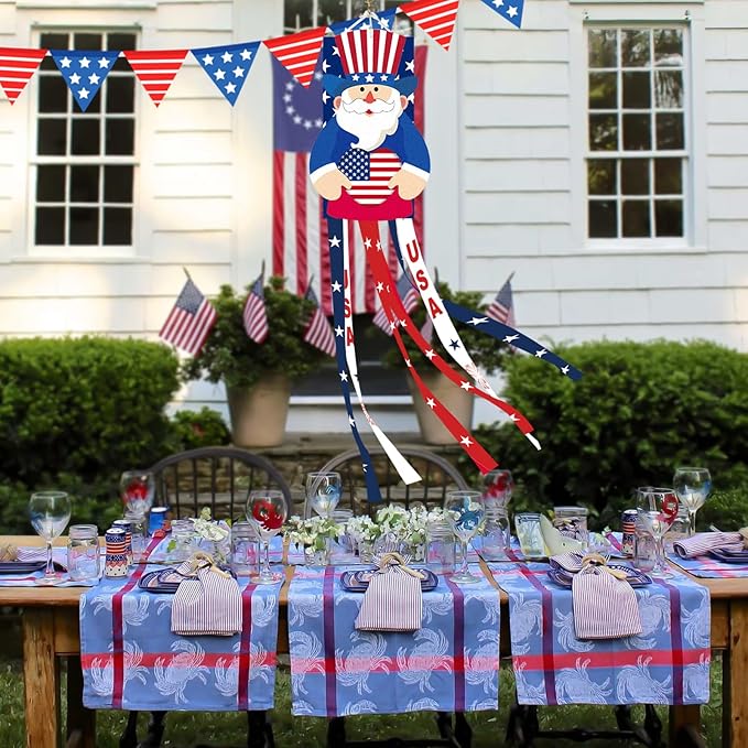 40 Inches Uncle Sam Windsock Decoration, Patriotic USA Themed Hanging Outdoor Wind Sock Ornament with Red, White, Blue Streamers, 'USA' Lettering, and Stars for 4th of July, Memorial Day, Veterans Day