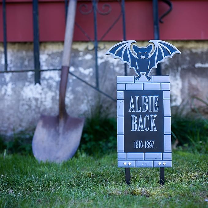 SCS Direct 3-D Metal Halloween Ghost Cemetery XL 17" Tombstone w Stakes -Albie Back- Durable, Rustproof, UV Raised Printing-Upgrade Your Haunted House Mansion w Cemetary Lawn Decor