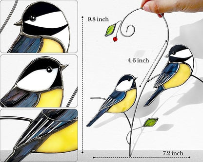 Chickadee (1 Pair) Stained Glass Birds Suncatcher for Mom, Grandma, Women - Real Glass Window Hanging Ornament - Handmade Bird Lover Home Decor (Gifts Ready Packaging)