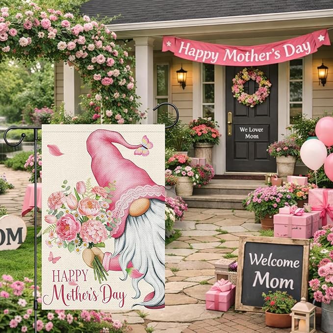 Heyfibro Happy Mother's Day Garden Flag 12x18 Double Sided Burlap, Gnome Garden Flag with Pink Floral Bouquet Yard Banner for Spring Outside Outdoor House Mothers Day Decoration (ONLY FLAG)