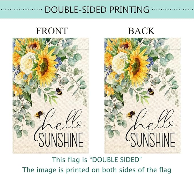 Baccessor Hello Sunshine Spring Garden Flag Sunflower Bee Eucalyptus Leaves Yard Flag 12.5 X 18 Inch Double Sided Burlap Small Spring Summer Flag for Outside Decor