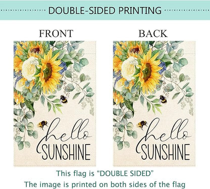 Baccessor Hello Sunshine Spring Garden Flag Sunflower Bee Eucalyptus Leaves Yard Flag 12.5 X 18 Inch Double Sided Burlap Small Spring Summer Flag for Outside Decor