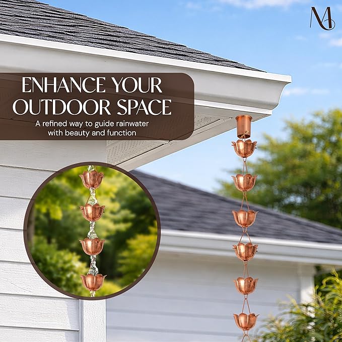 Monarch Rain Chains Pure Copper Lotus Cup Rain Chains for Gutters – 8.5 ft Decorative Rainchain Outdoor Durable Heavy Duty Gutter Chain Downspout Replacement, Modern Rainchains for Outside