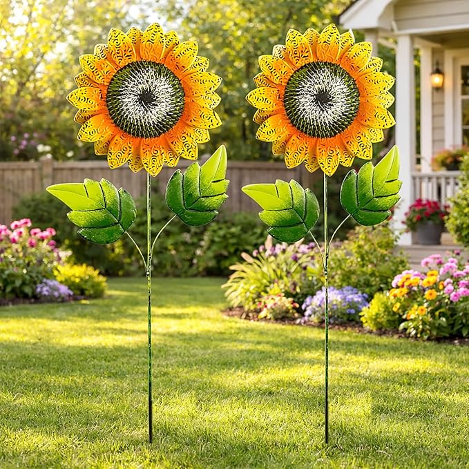 Garden Decor for Outside,2 Pack 40 inch Sunflower Garden Stakes Spring Decor, Metal Flower Yard Art for Outdoor Lawn Ornaments, Garden Pathways, and Patio Decoration