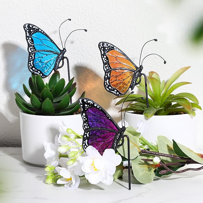Geelin 3 Pcs Stained Glass Butterfly Suncatcher Flower Pot Decoration Metal Plant Pot Hangers Colorful Butterfly Garden Yard Suncatcher Decor Indoor Outdoor Home Decor