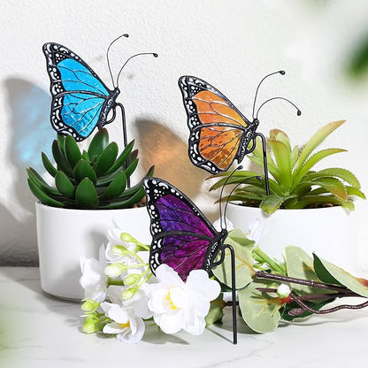 Geelin 3 Pcs Stained Glass Butterfly Suncatcher Flower Pot Decoration Metal Plant Pot Hangers Colorful Butterfly Garden Yard Suncatcher Decor Indoor Outdoor Home Decor