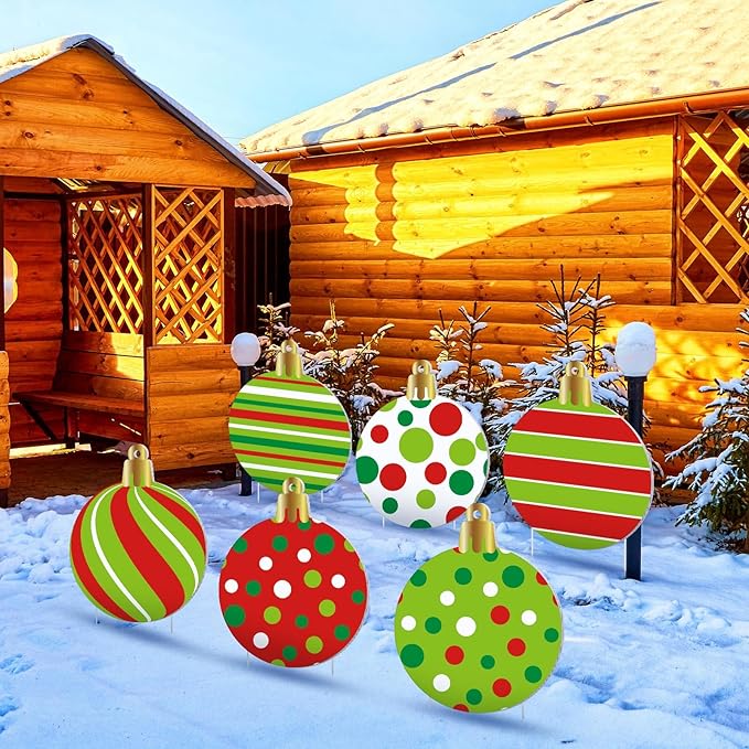 Vercraft 6 Pieces Large Christmas Balls Yard Signs with Stakes 15 Inch Outdoor Lawn Decorations Double Sided Xmas Balls Hanging Ornaments for Christmas Tree Garden Home Yard Decor