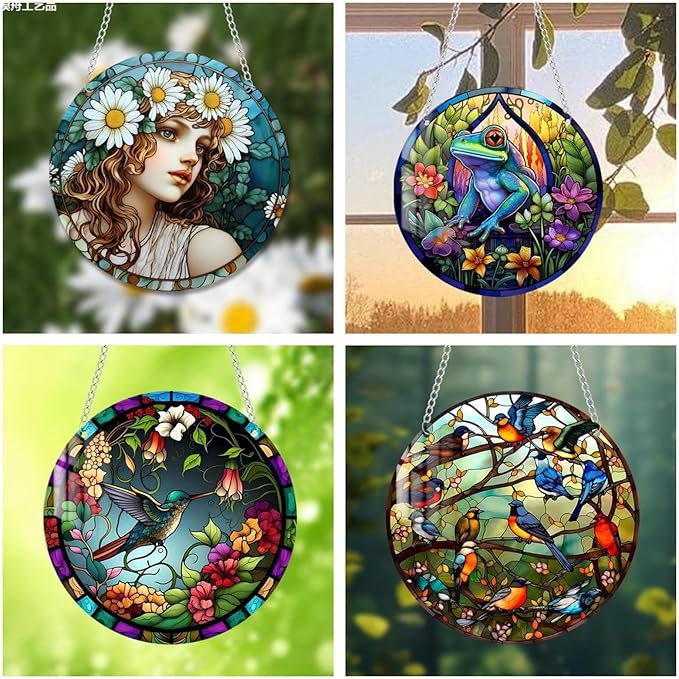 Stained Glass Window Hanging,Paint Bird Flower Suncatcher Diamond Glass Panel Bird Sun Catchers Decor for Birthday for Women, Men, Wife, Aunt, and Friends 5.9x5.9 in
