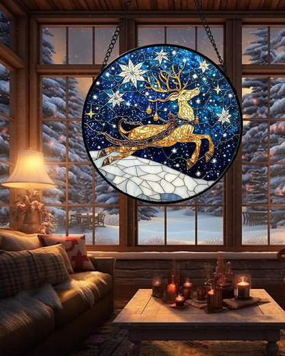 Stained Glass Window Hanging - Reindeer Blue Starry Sky Suncatcher for Doors Home Christmas Decoration Winter Sun Catcher Thanksgiving New Year Birthday Gifts for Women Men Mom Nana 11.8 in